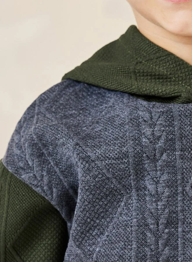 Styli Two Tone Argyle Texture Kangaroo Pocket Hoodie