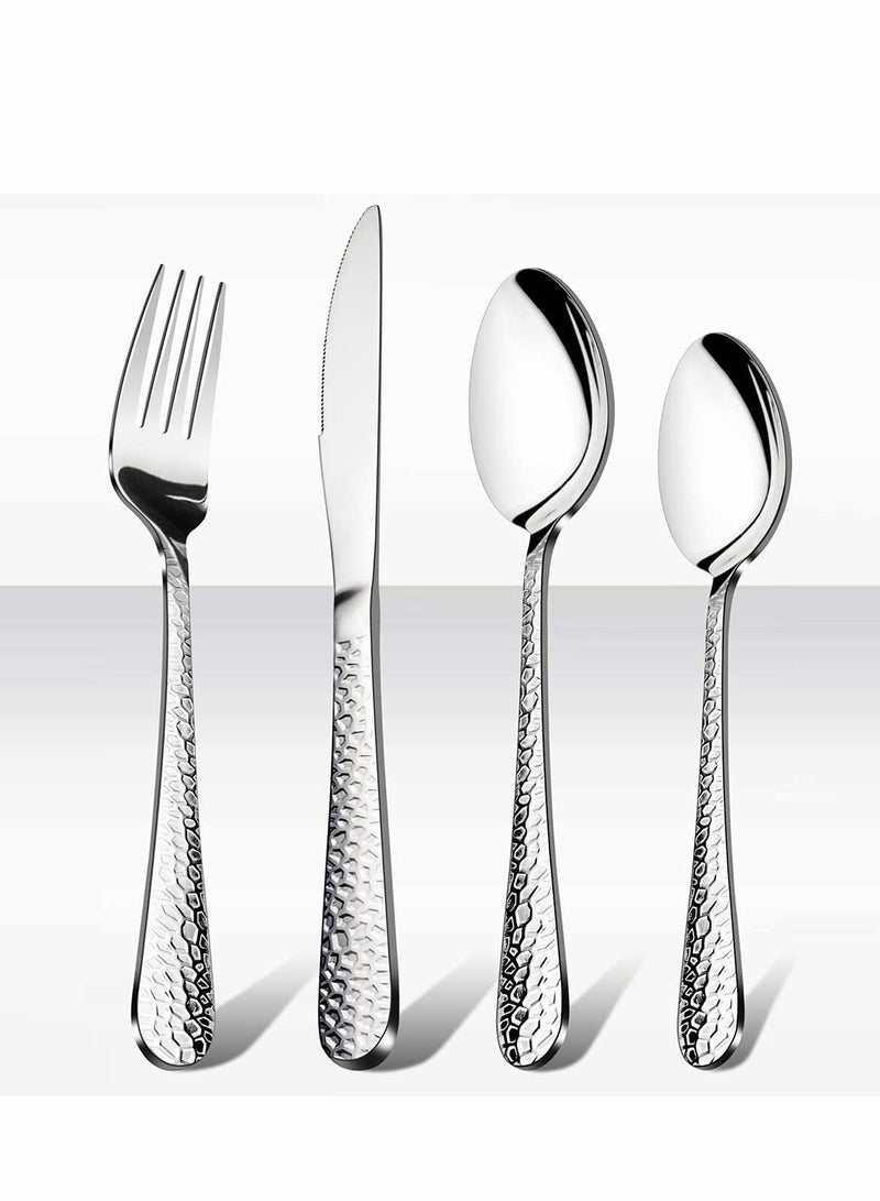 SOLARAE Stainless Steel Flatware Silverware Set, Hammered Design Knife Fork Spoon Set for Home Camping Party, Dishwasher Safe, 16 Pieces - Image 1