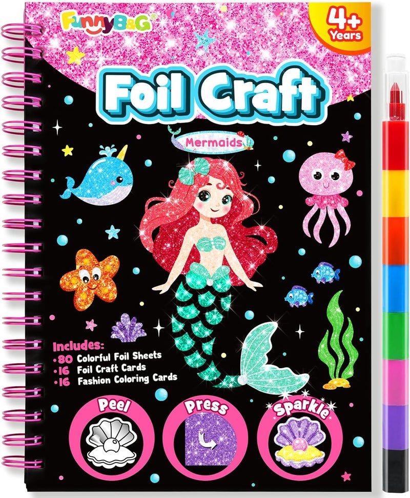FUNNYB&G Foil Art Kit - Foil Crafts for Kids, Toys for Girls 4+ Years Old, No Mess Travel Essentials, Kids Toys, Girls Gifts, Birthday Gift, Coloring Books for Kids - Image 1