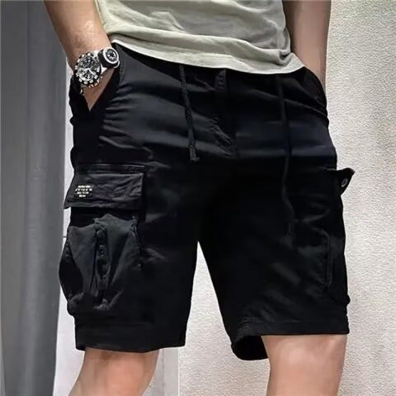 Tooling Shorts Mens Summer Thin Five-point Pants Mens Drawstring Belt Casual Loose Straight Pants Multi-bag Pants Black