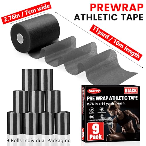 NUITPY 9 Pack Pre Wrap Athletic Tape, 2.76 Inch x 11 Yards Prewrap Tape for Hair Soccer, Pre Wrap Foam Underwrap Tape, Soccer Pre Wrap Tape, Prewrap Tape for Hair, Wrists, Hands, Ankles, Knees - Black - Image 2