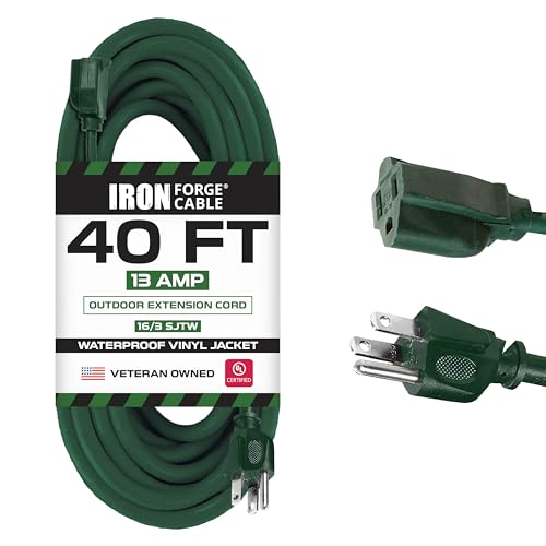 Iron Forge Cable 40 Foot Outdoor Extension Cord - 16/3 SJTW Durable Green Extension Cable with 3 Prong Grounded Plug for Safety - Great for Powering Outdoor Christmas Decorations - Image 1