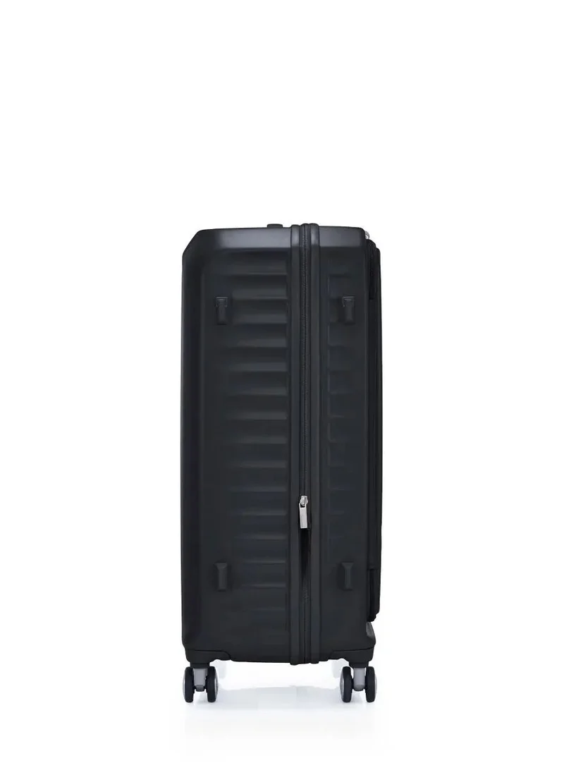 AMERICAN TOURISTER black Frontec Suitcase, Check-In Size 79 cm / 29 inch, 4 Spinner Wheels, Hard Top, Polycarbonate, Black|Expandable|Book Opening|2-in-1 Optimov™ + STEPause™ Shock Absorbing Wheels|TSA 008 Lock|DuoSaf™ Security Zipper - 3 Years International Warranty  | Best Price UAE