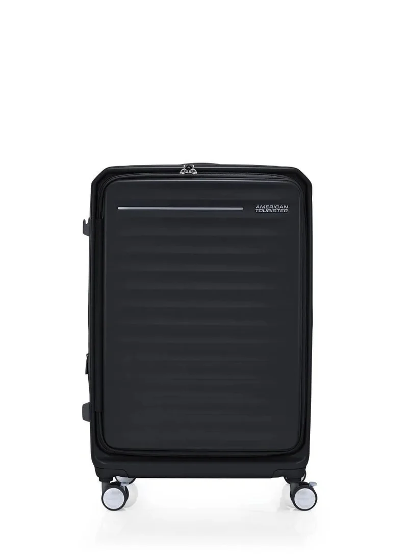 AMERICAN TOURISTER black Frontec Suitcase, Check-In Size 79 cm / 29 inch, 4 Spinner Wheels, Hard Top, Polycarbonate, Black|Expandable|Book Opening|2-in-1 Optimov™ + STEPause™ Shock Absorbing Wheels|TSA 008 Lock|DuoSaf™ Security Zipper - 3 Years International Warranty  | Best Price UAE