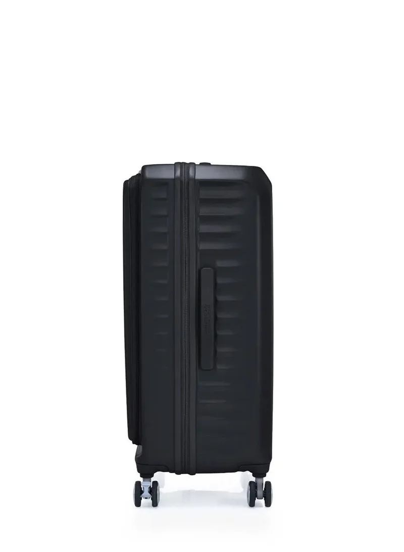 AMERICAN TOURISTER black Frontec Suitcase, Check-In Size 79 cm / 29 inch, 4 Spinner Wheels, Hard Top, Polycarbonate, Black|Expandable|Book Opening|2-in-1 Optimov™ + STEPause™ Shock Absorbing Wheels|TSA 008 Lock|DuoSaf™ Security Zipper - 3 Years International Warranty  | Best Price UAE