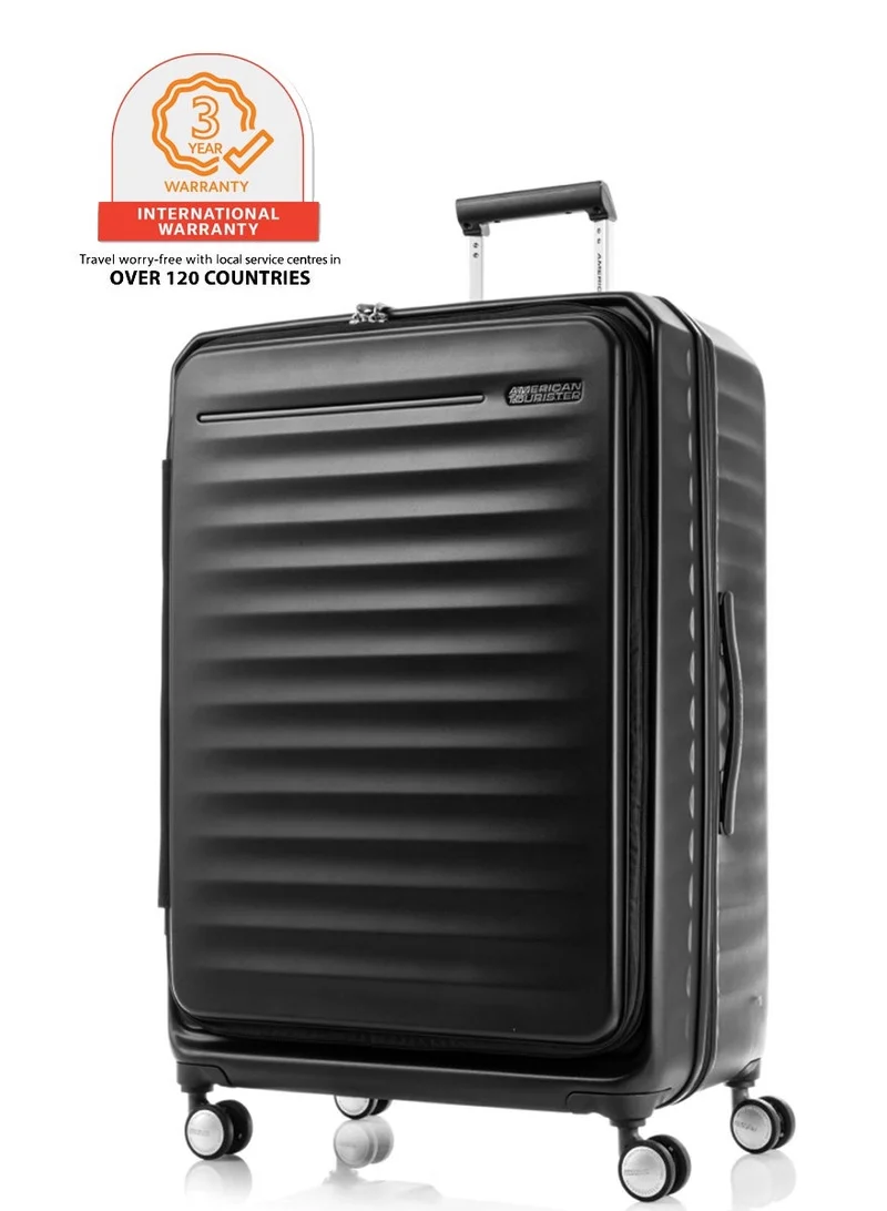 Frontec Suitcase, Check-In Size 79 cm / 29 inch, 4 Spinner Wheels, Hard Top, Polycarbonate, Black|Expandable|Front Laptop Compartment |PlentiVol™ Book Opening|2-in-1 Optimov™ + STEPause™ Shock Absorbing Wheels|TSA 008 Lock|DuoSaf™ Security Zipper- 3 Years International Warranty