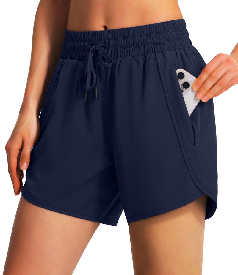 Ksmien Women's 5"/ 7" Athletic Running Shorts Quick Dry Lightweight Workout Gym Shorts with Zipper Pockets UPF 50+ Navy Blue - Image 1