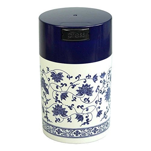 Tightpac America, Inc. Teavac 6-Ounce Vacuum Sealed Tea Storage Container, Blue Cap and White Body/Floral Design - Image 1