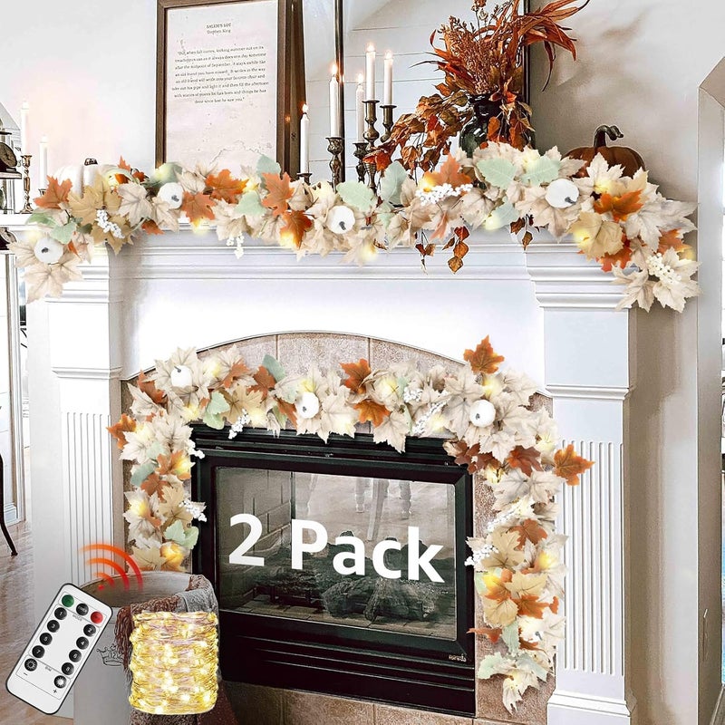 NUTIKAS Neutral Fall Garland for Mantle Fireplace - 2 Pack 6Ft Outdoor Autumn Leaves Decor for Home Front Door with Pumpkins Indoor Maple for Farmhouse Table Stairs Porch Halloween Thanksgiving Decorations - Image 1