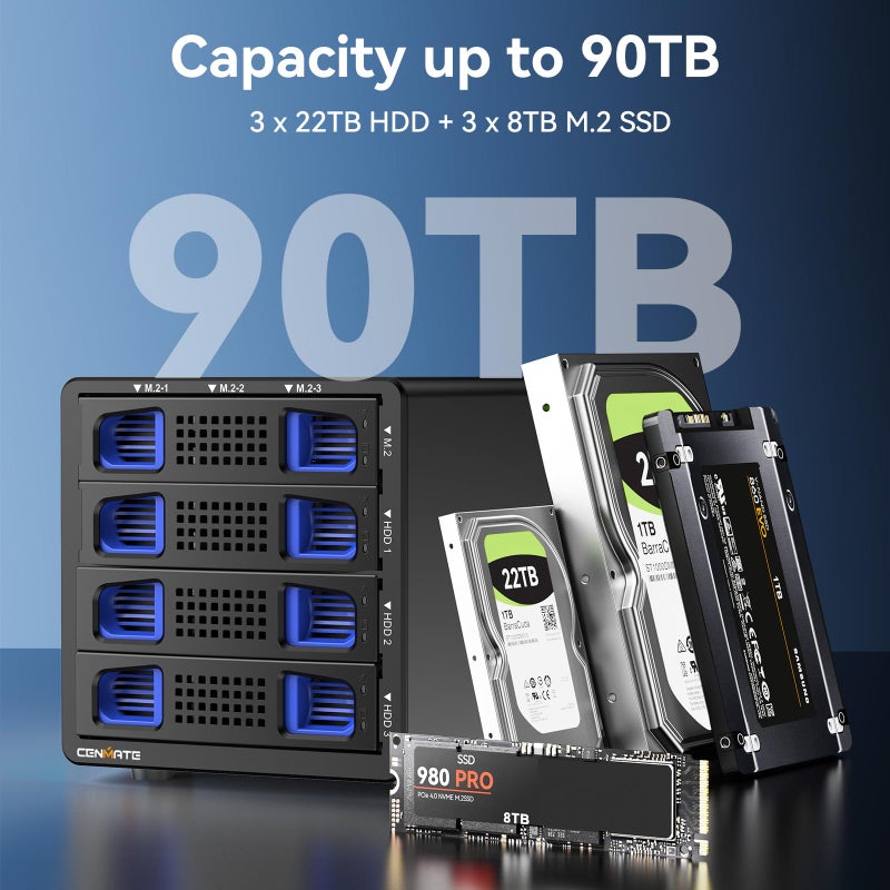 CENMATE Hybrid 3*2.5/3.5" SATA HDD/SSD+3* M / B+M Key M.2 NVMe Enclosure with Cooling Fan and USB A/C 3.2 Gen 2, Hard Drive Enclosure Support 90TB(3*22TB HDD+3*8TB 2230/2242/2260/2280/22110 SSDs) - Image 3