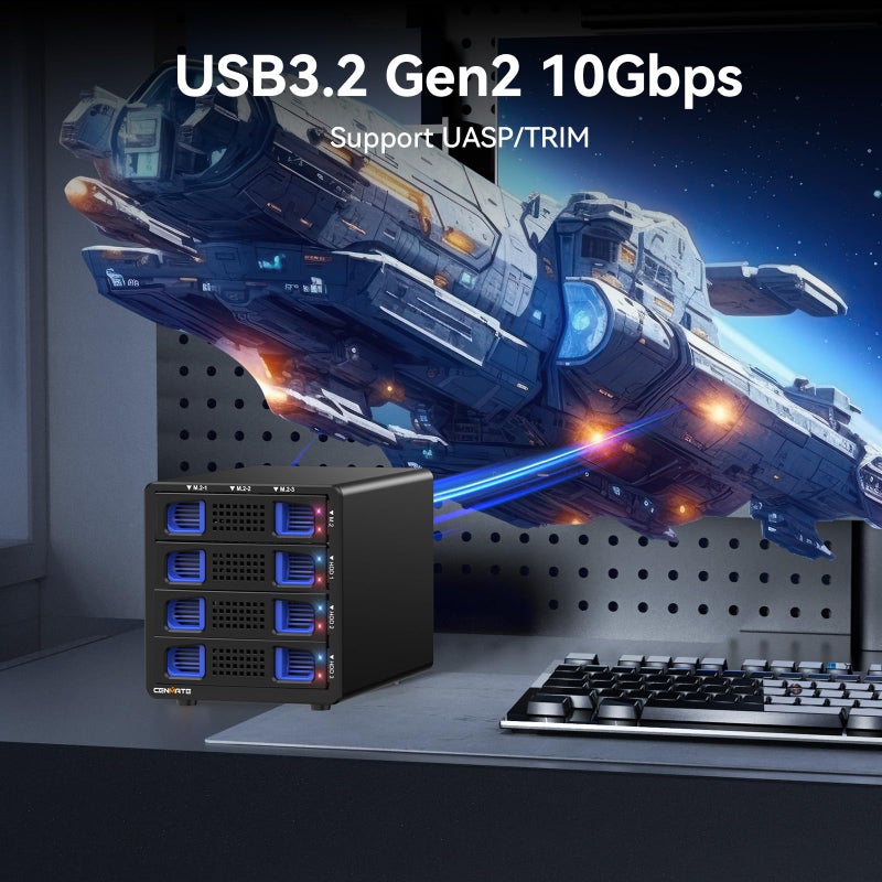 CENMATE Hybrid 3*2.5/3.5" SATA HDD/SSD+3* M / B+M Key M.2 NVMe Enclosure with Cooling Fan and USB A/C 3.2 Gen 2, Hard Drive Enclosure Support 90TB(3*22TB HDD+3*8TB 2230/2242/2260/2280/22110 SSDs) - Image 4