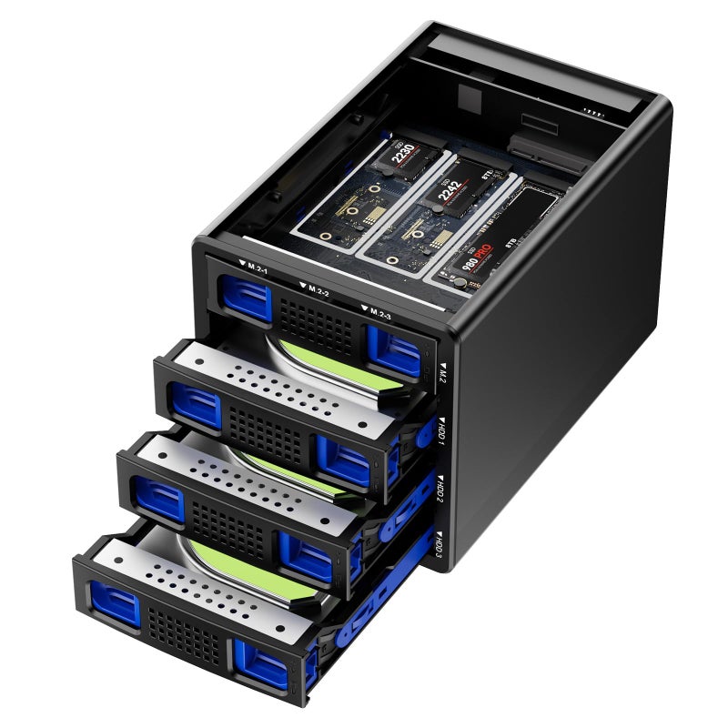 CENMATE Hybrid 3*2.5/3.5" SATA HDD/SSD+3* M / B+M Key M.2 NVMe Enclosure with Cooling Fan and USB A/C 3.2 Gen 2, Hard Drive Enclosure Support 90TB(3*22TB HDD+3*8TB 2230/2242/2260/2280/22110 SSDs) - Image 1