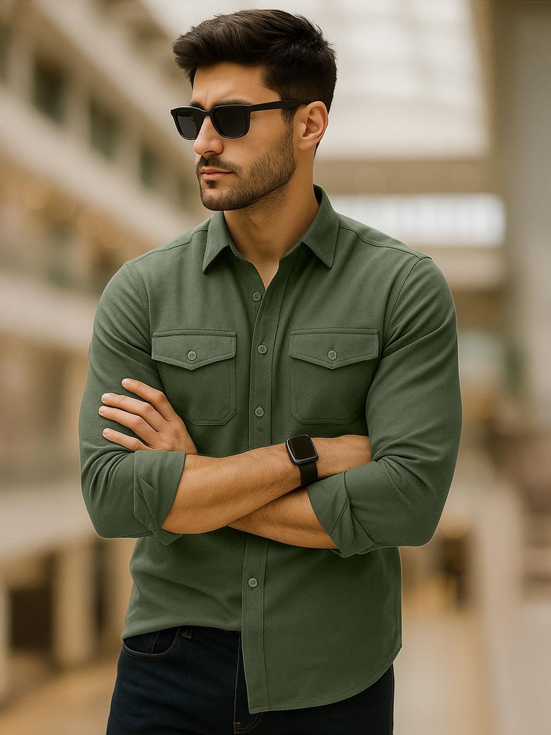 Veirdo® Men's Pure Cotton Utility Shirt | Full Sleeve Casual Button-Down with Dual Chest Pockets | Stylish & Comfortable Everyday Wear | VD_FS_RC_SH_OLV_L Olive - Image 3
