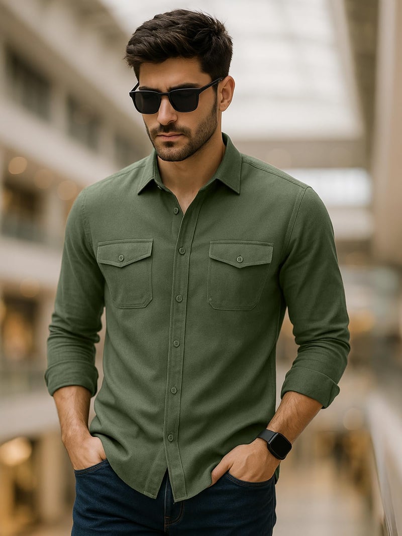 Veirdo® Men's Pure Cotton Utility Shirt | Full Sleeve Casual Button-Down with Dual Chest Pockets | Stylish & Comfortable Everyday Wear | VD_FS_RC_SH_OLV_L Olive - Image 2