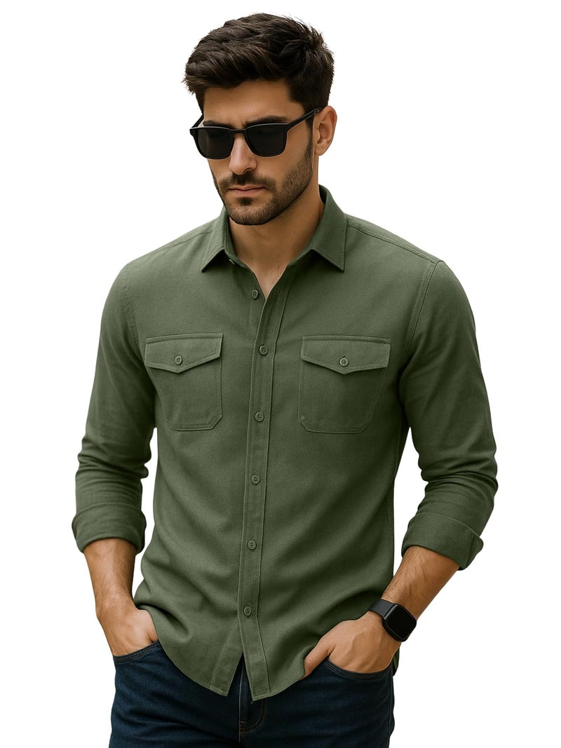 Veirdo® Men's Pure Cotton Utility Shirt | Full Sleeve Casual Button-Down with Dual Chest Pockets | Stylish & Comfortable Everyday Wear | VD_FS_RC_SH_OLV_L Olive - Image 1