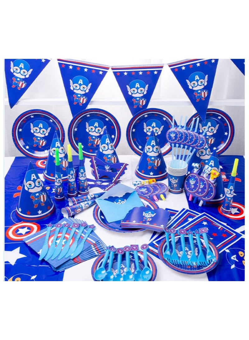 ريمي بيلا 180 قطعة لوازم حفلات اعياد الميلاد بتصميم كابتن امريكا، مجموعة ادوات مائدة الكل في واحد تتضمن اطباق واكواب ومناديل ولافتة وما الى ذلك، لوازم حفلات بطابع كابتن امريكا للفتيان - Image 1