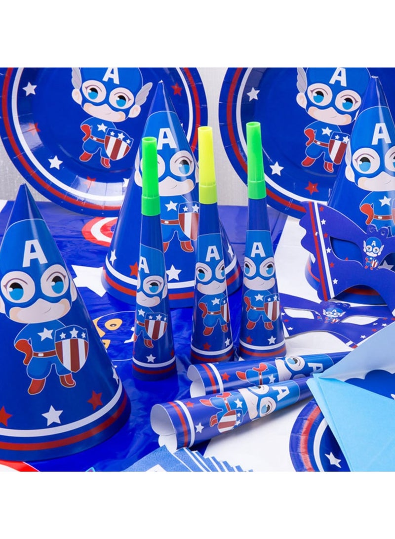 ريمي بيلا 180 قطعة لوازم حفلات اعياد الميلاد بتصميم كابتن امريكا، مجموعة ادوات مائدة الكل في واحد تتضمن اطباق واكواب ومناديل ولافتة وما الى ذلك، لوازم حفلات بطابع كابتن امريكا للفتيان - Image 2