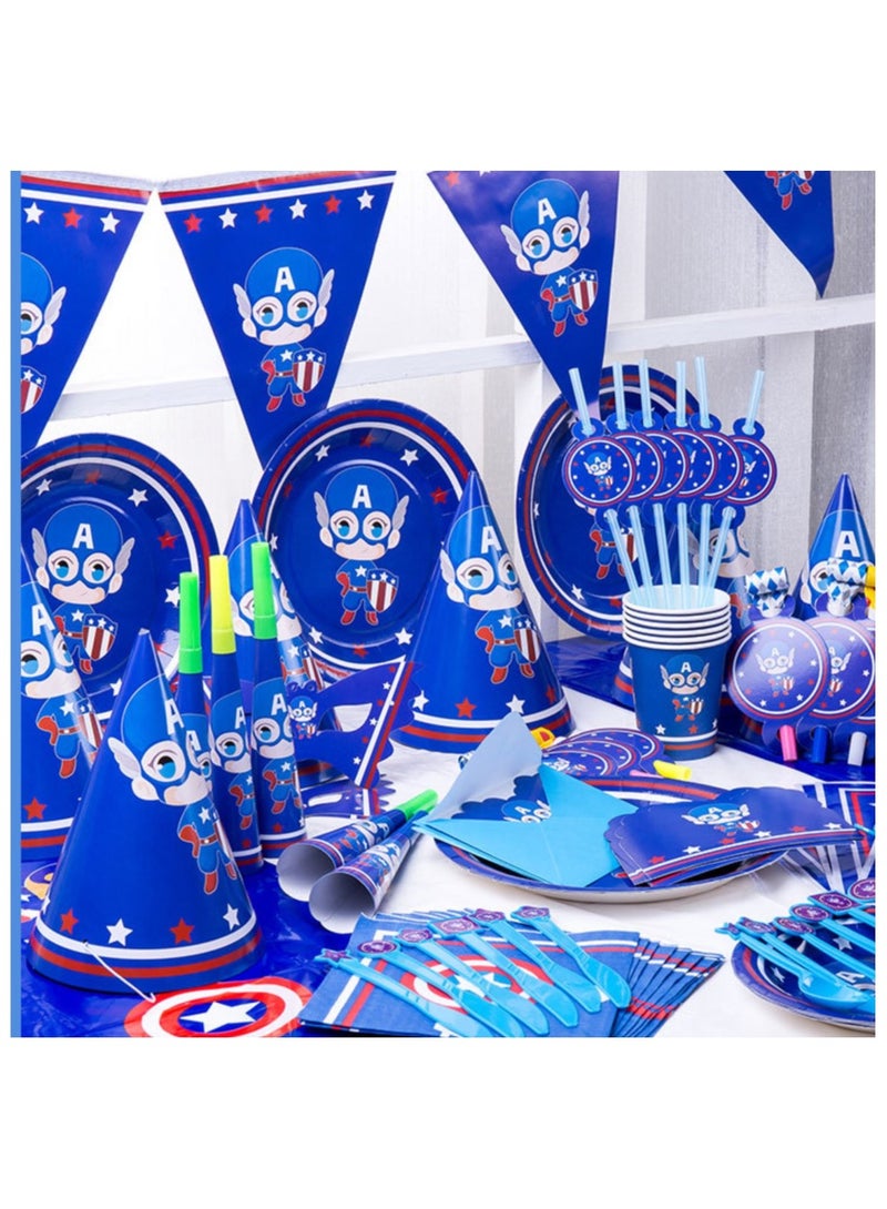 ريمي بيلا 180 قطعة لوازم حفلات اعياد الميلاد بتصميم كابتن امريكا، مجموعة ادوات مائدة الكل في واحد تتضمن اطباق واكواب ومناديل ولافتة وما الى ذلك، لوازم حفلات بطابع كابتن امريكا للفتيان - Image 3