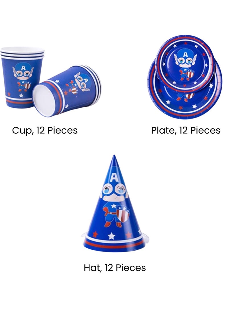 ريمي بيلا 180 قطعة لوازم حفلات اعياد الميلاد بتصميم كابتن امريكا، مجموعة ادوات مائدة الكل في واحد تتضمن اطباق واكواب ومناديل ولافتة وما الى ذلك، لوازم حفلات بطابع كابتن امريكا للفتيان - Image 4