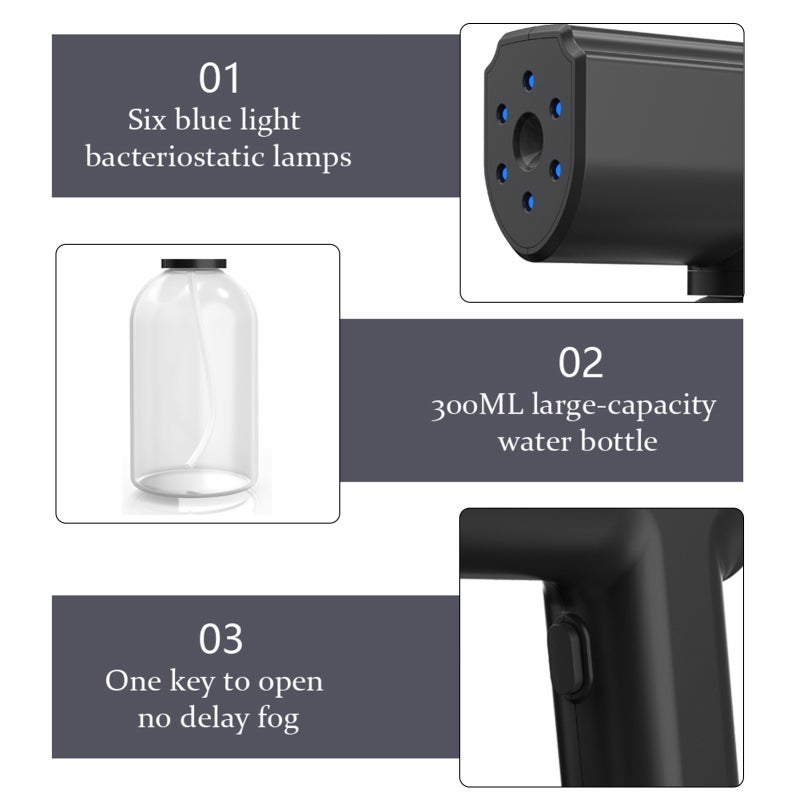 Portable Sprayer: 300ML Large-Capacity White Bottle - Ultra-Fine Atomization 20-Minute Continuous Spray, 6 Blue Light Heads, Ergonomic Gun-Shaped Design, One-Key Activation for Home, Travel and Daily - Image 3