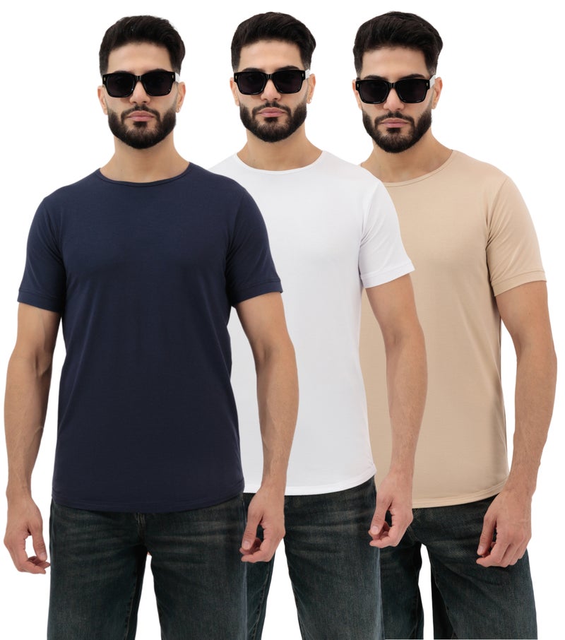Vasl Hub VaslHub Plain T-Shirts for Men – Cotton Crew Neck Regular Fit – Pack of 3 – Navy, White and Sandstone - Image 1