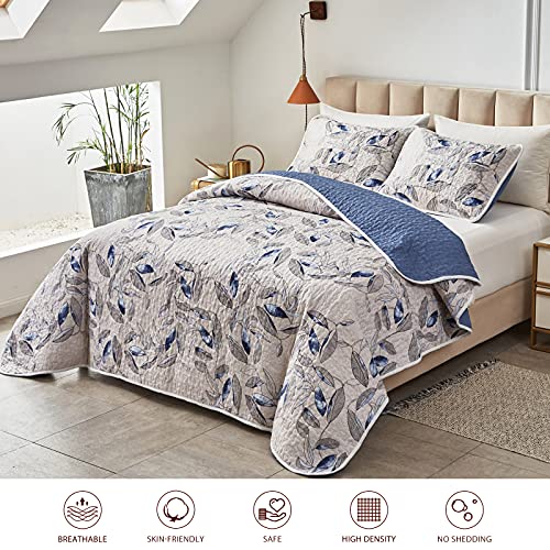 Joyreap 2 Pieces Microfiber Quilt Set, Botanical Blue Leaves on Light Gray Reversible Design, Bedspread Bed Cover for All Season, 1 Quilt and 1 Pillow Sham (Twin, 68x86 inches) - Image 2