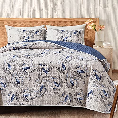 Joyreap 2 Pieces Microfiber Quilt Set, Botanical Blue Leaves on Light Gray Reversible Design, Bedspread Bed Cover for All Season, 1 Quilt and 1 Pillow Sham (Twin, 68x86 inches) - Image 1