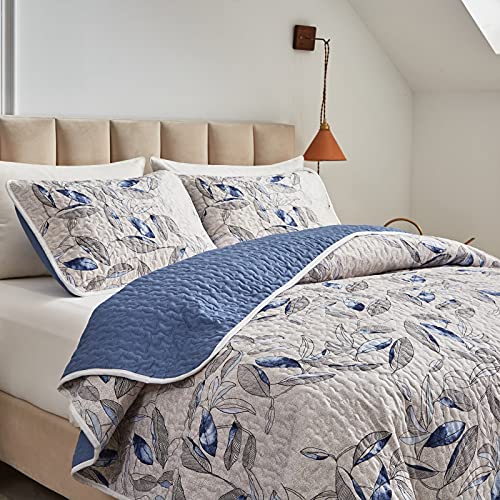Joyreap 2 Pieces Microfiber Quilt Set, Botanical Blue Leaves on Light Gray Reversible Design, Bedspread Bed Cover for All Season, 1 Quilt and 1 Pillow Sham (Twin, 68x86 inches) - Image 3