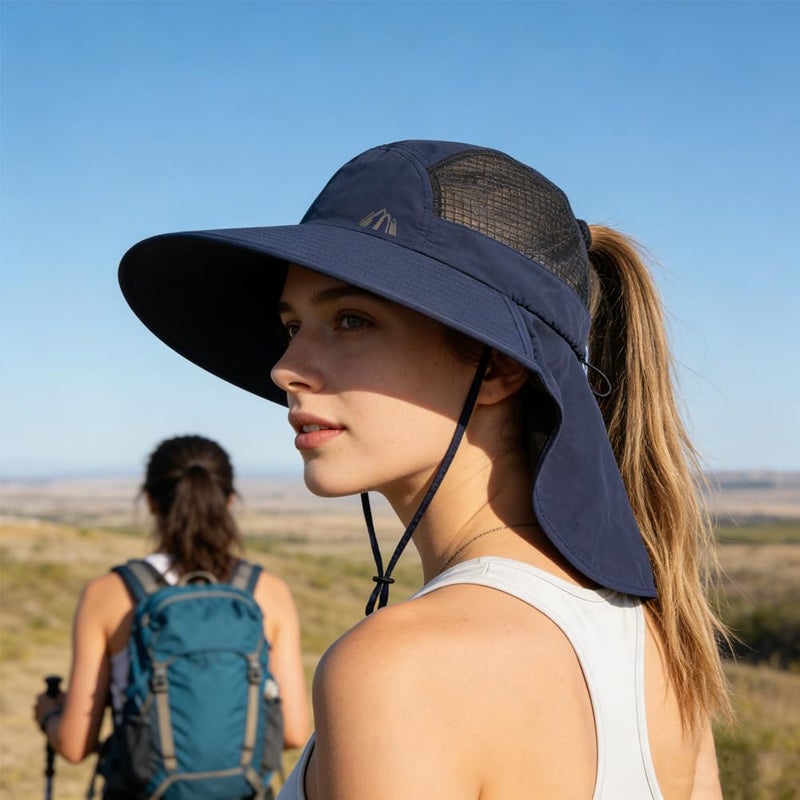 Moon Kitty Women Sun Hats Wide Brim Ponytail Hole Neck Flap Hat Summer Travel Fishing Hiking Fisherman Hat Detachable Chin Navy - Image 3