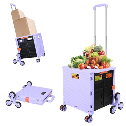 FELICON SELORSS Folding Utility Cart Portable Rolling Crate Handcart with Stair Climbing Wheels360Swivel Wheels Telescoping Handle Plastic Box Dolly for Travel Shop Move Office Teacher UsePurple