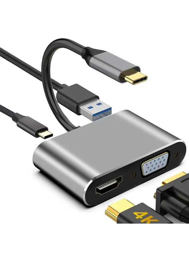 USB C to HDMI VGA Adapter, 4 in 1 USB C Multiport Hub Converter Thunderbolt 3 to HDMI 4K, VGA 1080P, USB 3.0, 100W PD Port for MacBook Pro/Air iPhone 16 15 Pro Max Dell XPS PC, etc - Image 1