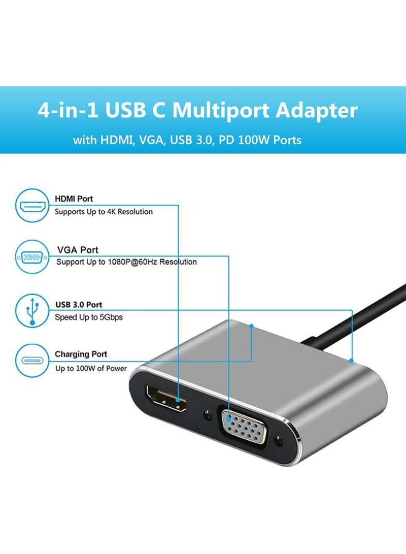 USB C to HDMI VGA Adapter, 4 in 1 USB C Multiport Hub Converter Thunderbolt 3 to HDMI 4K, VGA 1080P, USB 3.0, 100W PD Port for MacBook Pro/Air iPhone 16 15 Pro Max Dell XPS PC, etc - Image 2
