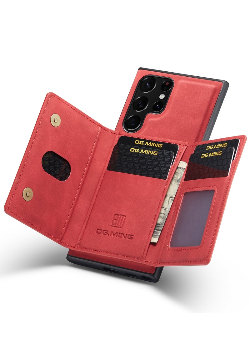 DGMING - Wallet Case for Samsung Galaxy S23 Ultra, DG.MING Premium Leather Phone Case Back Cover Magnetic Detachable with Trifold Wallet Card Holder Pocket (Red) - Image 1