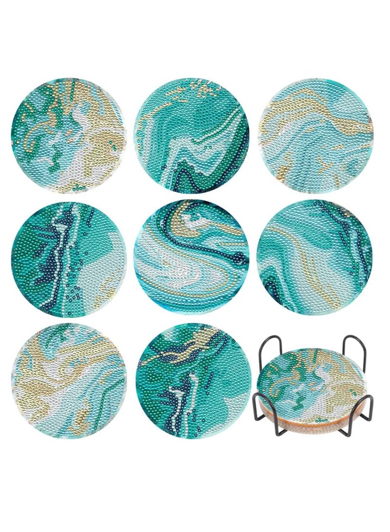 KASTWAVE 8 Pcs Diamond Painting Coasters with Holder Ocean Diamond Art Painting Coaster Kit DIY Teal Marble Ocean Diamond Art Coasters For Drinks For Beginners Diamond Art Kits Craft Supplies - Image 1