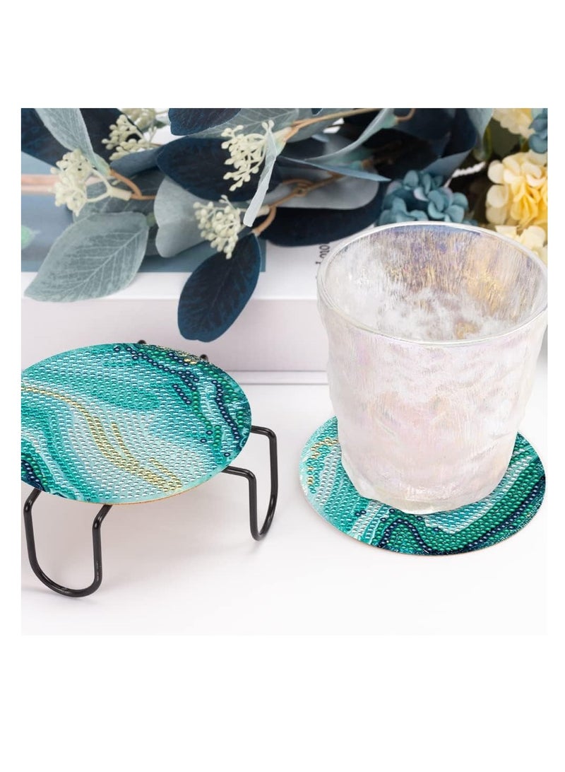 KASTWAVE 8 Pcs Diamond Painting Coasters with Holder Ocean Diamond Art Painting Coaster Kit DIY Teal Marble Ocean Diamond Art Coasters For Drinks For Beginners Diamond Art Kits Craft Supplies - Image 4