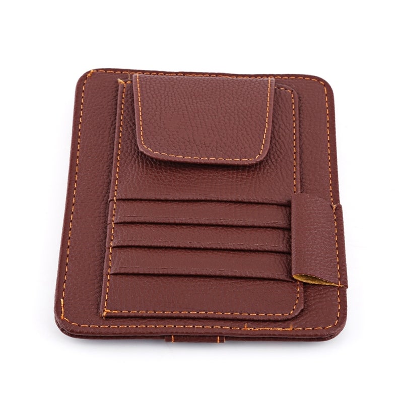 Car Visor Organizer Compact PU Leather Storage Holder - Multifunctional Car Visor Pouch for Card Glasses Pen - Fashionable Lichee Pattern Brown - Image 2