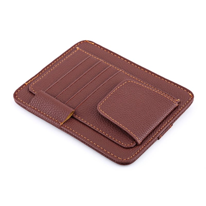 Car Visor Organizer Compact PU Leather Storage Holder - Multifunctional Car Visor Pouch for Card Glasses Pen - Fashionable Lichee Pattern Brown - Image 3