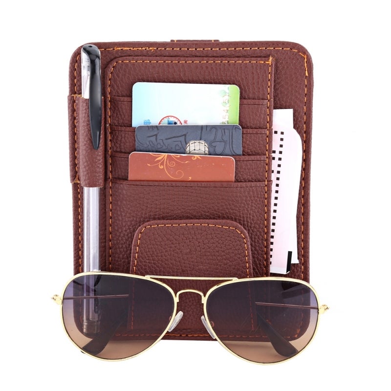 Car Visor Organizer Compact PU Leather Storage Holder - Multifunctional Car Visor Pouch for Card Glasses Pen - Fashionable Lichee Pattern Brown - Image 1