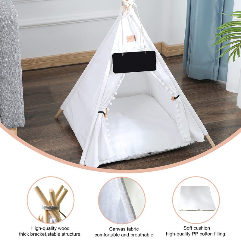 GeerDuo Pet Teepee, Portable Pet Tents for Small Dogs or Cats, Puppy Sweet Bed Washable Dog or Cat Houses with Cushion(White,24") - Image 4