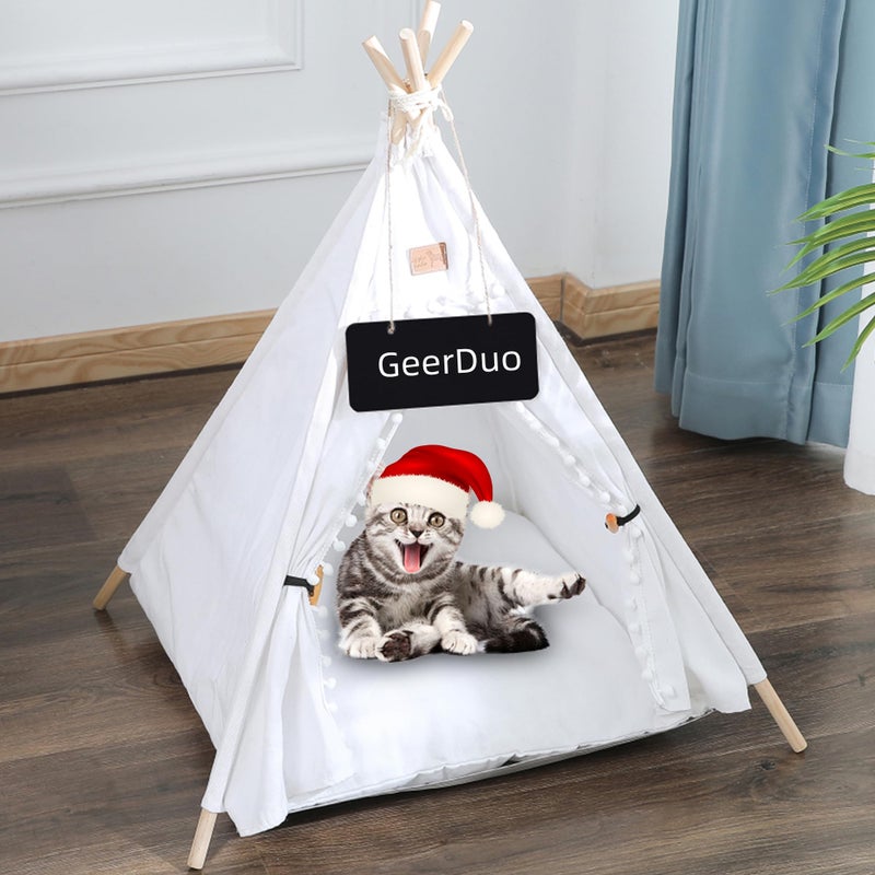 GeerDuo Pet Teepee, Portable Pet Tents for Small Dogs or Cats, Puppy Sweet Bed Washable Dog or Cat Houses with Cushion(White,24") - Image 1