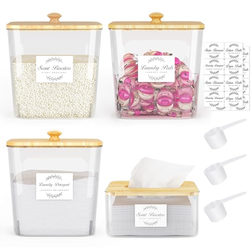 Vincona Laundry Room Organization and Storage, Laundry Pods Container and Dryer Sheet Holder with Bamboo Lids and Labels, Laundry Organizer with Scoops for Booster Beads, Powder, Pods, 3+1 Pack - Image 1