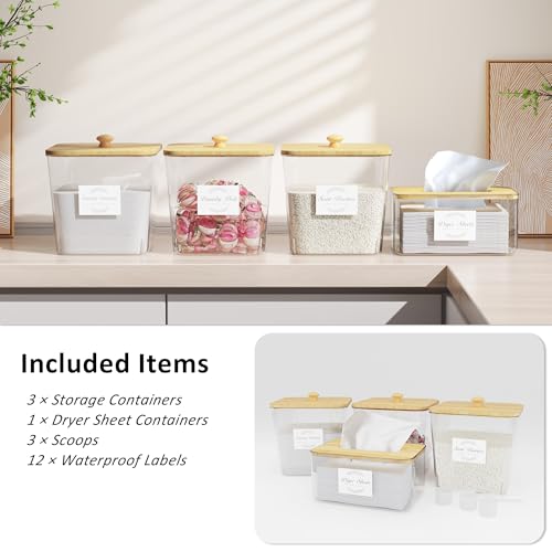 Vincona Laundry Room Organization and Storage, Laundry Pods Container and Dryer Sheet Holder with Bamboo Lids and Labels, Laundry Organizer with Scoops for Booster Beads, Powder, Pods, 3+1 Pack - Image 2