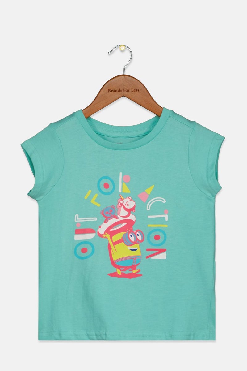 DIFUZED Toddlers Girl Crew Neck Short Sleeve Graphic Tee, Turquoise - Image 1