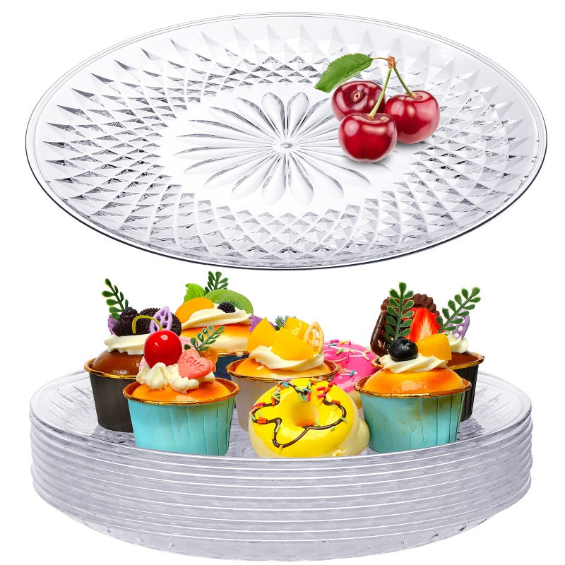 Fumete 10 Pcs Round Plastic Serving Platters 12 Inch Clear Plastic Tray Acrylic Crystal Flan Plates for Engagement Party Food Cake Cookie Fruits Birthday Wedding Supplies