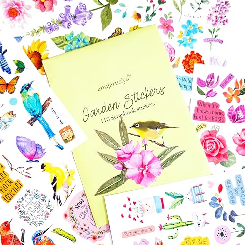 anujarusiya Matte Laminated Garden Stickers - 110+ Floral, Bird & Quote Stickers for Scrapbooks, Journals, Planners, Self-Adhesive Paper, Craft Supplies - Image 1