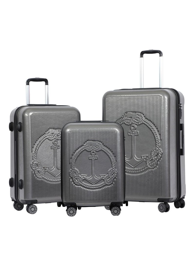 بيج ديزاين مجموعة حقائب سفر صلبة بتصميم المحيط Biggdesign، حقائب 100% ABS بقشرة صلبة مع عجلات دوارة 360°، حقيبة سفر، نظام قفل TSA، خفيفة الوزن، 3 قطع، سعة تحميل 20 - 30 - 45 كجم، لون رمادي. - Image 1