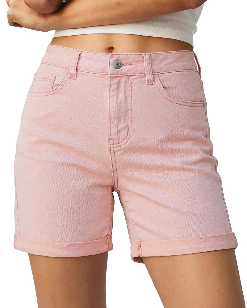 luvamia Jean Shorts for Women High Waisted Trendy Mid Thigh Long Cuffed Hem Light Pink Shorts Denim Women Jean Stretchy Denim Rolled Hem Casual Summer Jorts Candy Pink Size Medium US 8 to 10 - Image 1