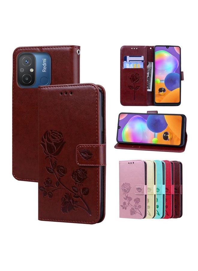 HuHa Case Cover For Xiaomi Redmi 12C/11A 4G Global/Poco C55 Rose Embossed Flip PU Leather Phone Case Brown 