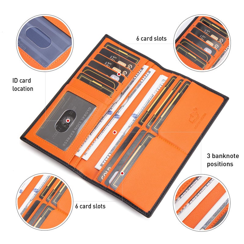 BISON DENIM RFID Bifold Wallets Slim Credit Card Wallet Real Leather Mens Long Wallet with Zipper Coin Pocket (W4470-Orange) - Image 4
