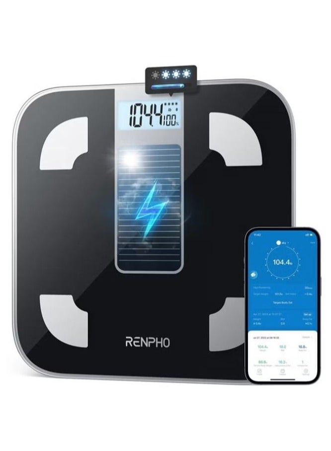 RENPHO R-A012 Solar Powered Smart Body Fat Scale, Bluetooth Digital Bathroom Scale With App, 400lbs Capacity – Black - Image 1